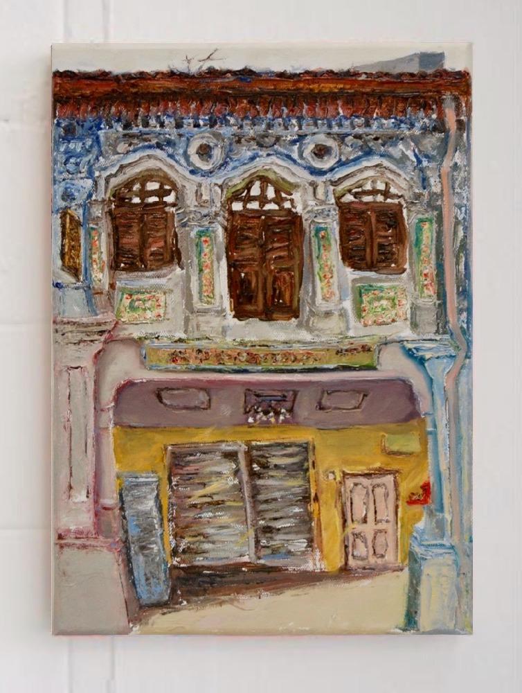 6 - Bluish pink impasto chinese shophouse oil painting at Singapore city heritage street of peranakan architecture in impressionist colors -SH6