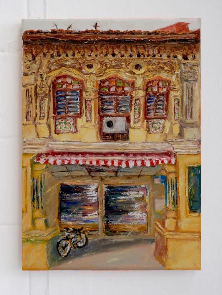 7 - Yellow impasto chinese shophouse oil painting at Singapore city heritage street of peranakan architecture in impressionist colors -SH7