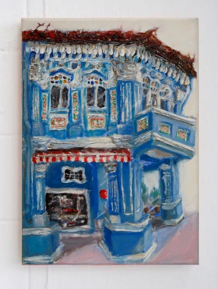 8 - Blue impasto chinese shophouse oil painting at Singapore city heritage street of peranakan architecture in impressionist colors -SH8