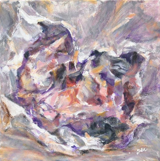 Crumpled Paper Abstract Still Life Painting Fine Art, an original impressionist pastel artwork, acrylic on canvas with lady's face and a dog