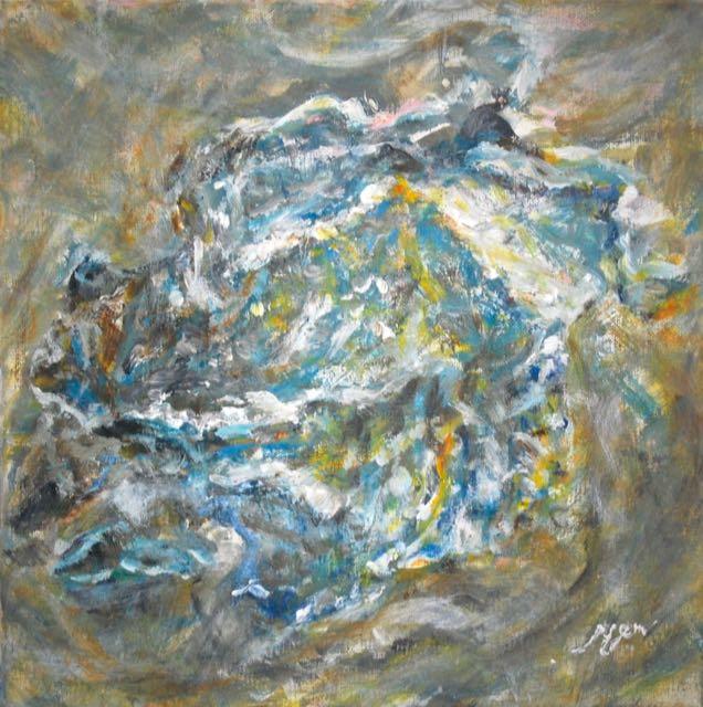 Crumpled Paper Abstract Still Life Painting Fine Art, an original impressionist blue golden artwork, acrylic on canvas, like swirling seashell