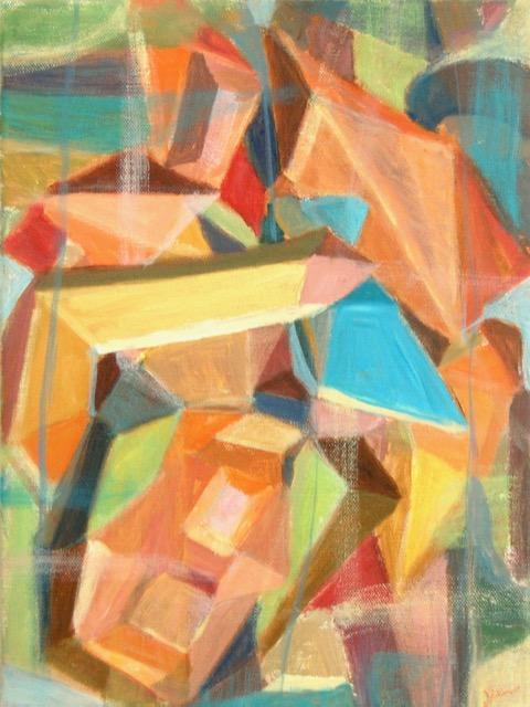 Warm colorful orange theme figures abstract art painting, original modern artwork, acrylic on canvas, with fun block shapes and objects