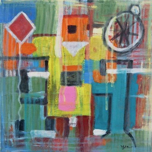 Happy Robot Figure Abstract Art Painting, a colorful original modern artwork, acrylic on canvas, with cheerful colour blocks, shapes n lines