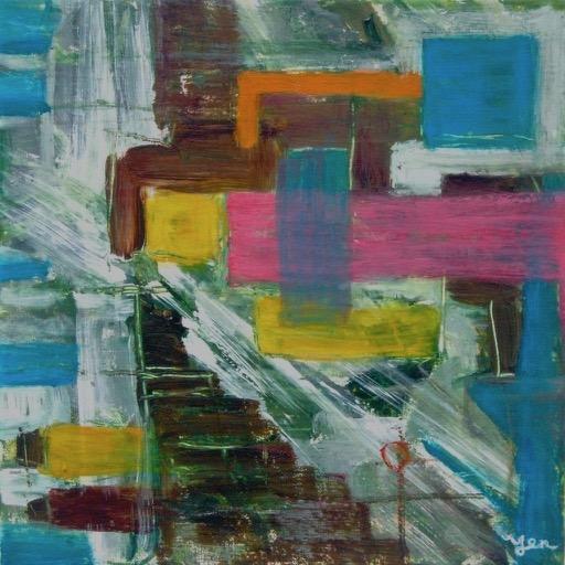 Cyan blue theme figures abstract art painting of girl in pink, original modern artwork, acrylic on canvas, with block colors, paint splashes and etchings