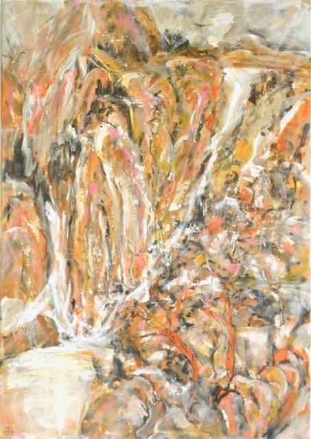 Chinese waterfall landscape painting in abstract Impressionist style with warm orange colours