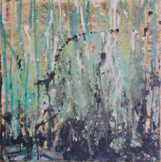 Dance - green botany theme abstract expressionist original art painting, modern acrylic artwork on canvas, with splashes of black ink like a chinese painting