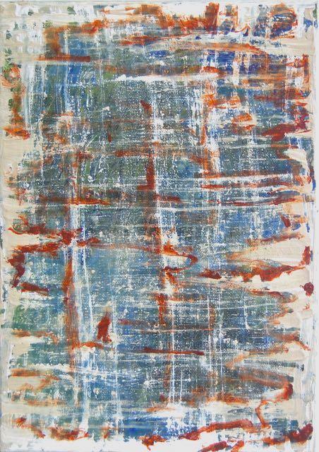 Denim - cool jeans like abstract original art painting, modern acrylic artwork on canvas, with starry skies through tattered blinds
