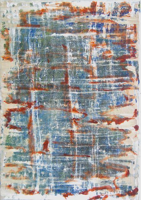 Denim - cool jeans like abstract original art painting, modern acrylic artwork on canvas, with starry skies through tattered blinds 