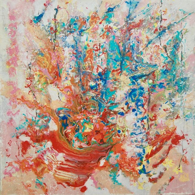 Ethereal Abstract Floral Acrylic Canvas Painting - Red Pot Flowers and Blue Birds - Original Artwork - Chinese Painting Style - Pour Art