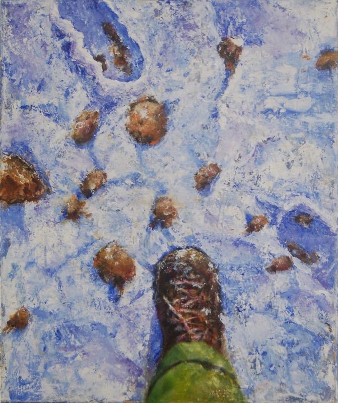 Wanderer - abstract Icelandic landscape original painting of icy winter seasons scenery with traveler's hiking boot and footsteps in white snow, impressionist blue acrylic artwork