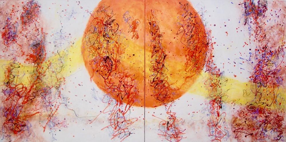 Whimsical uplifting art painting of bright orange sun imagery, abstract expressionist original artwork with calligraphy lines and etchings