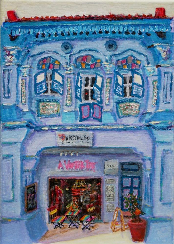 Chinese Shophouses Art Prints - colourful impressionist paintings of pretty peranakan houses at Singapore city heritage architecture street