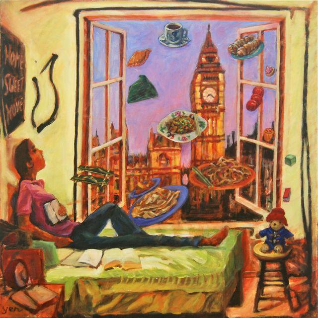 Whimsical window painting, original artwork of Singapore girl on London night with Big Ben clock, homesick for Singaporean peranakan food