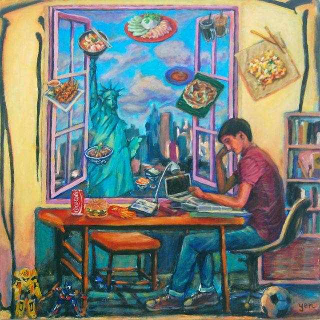 Whimsical window painting original art of Singapore boy studying in Statue of Liberty New York city, homesick for Singaporean peranakan food