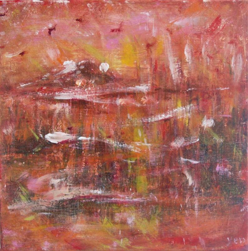 Flight -Abstract Original Landscape Painting, Original Fine Art, Birds, Nature, Red, Pink, Scenery, Monet Style, Pastel, Lake Scenery, Zen