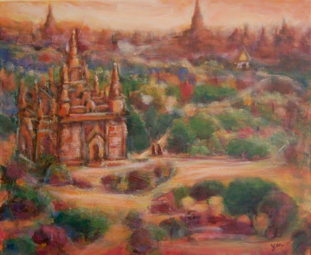 Kingdom of Temples - Myanmar Old Bagan impressionist landscape painting, original artwork of orange sunset temples and stupas in the ancient city