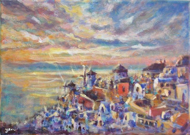 Greece Santorini landscape sea coast original scenery painting, acrylic artwork with greek island whitewashed houses in impressionist sunset