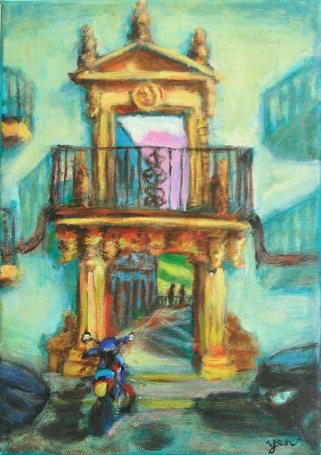 Rhonda Afternoon - Spain balcony painting in impressionist blue cyan hues, original spanish architecture fine art