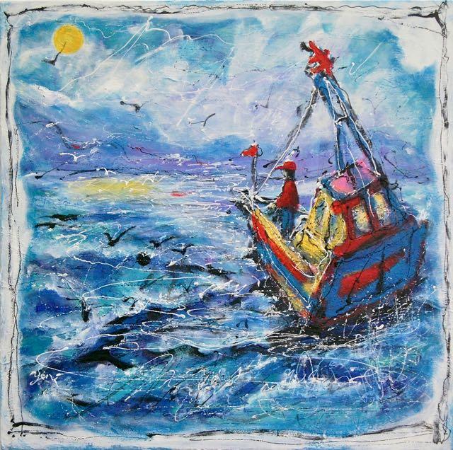 Sail to the Moon -Abstract Art, Sea Birds Boat Original Painting, Ocean Art, Blue, Seascape, Whimsical, Surreal, Bright, Night, New Zealand