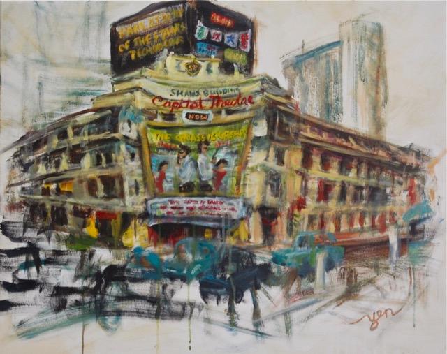 Yesteryear - Capitol Cinema Painting Art, original canvas artwork in abstract impressionist style of Singapore architectural landmark icon