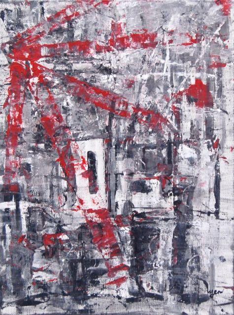 Ode - abstract art painting in black white building blocks with red windmill marks, original modern artwork, acrylic on canvas