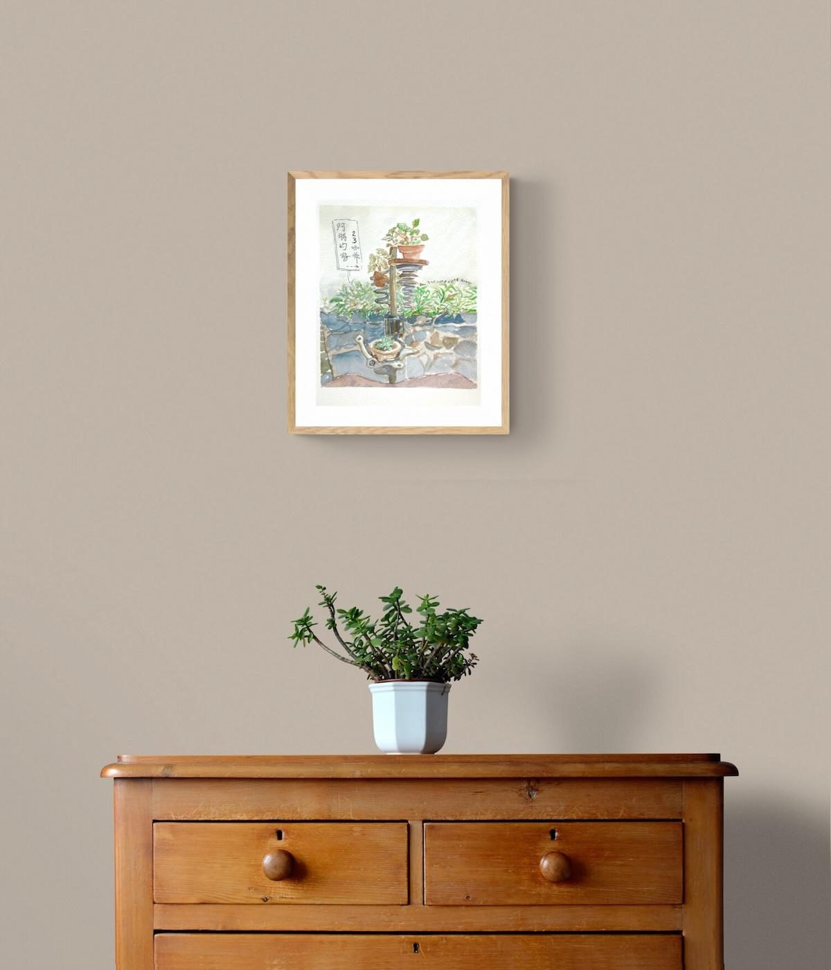Taiwan Alishan cafe original watercolor painting of pots of plants  - botany zen art - whimsical travel art decor