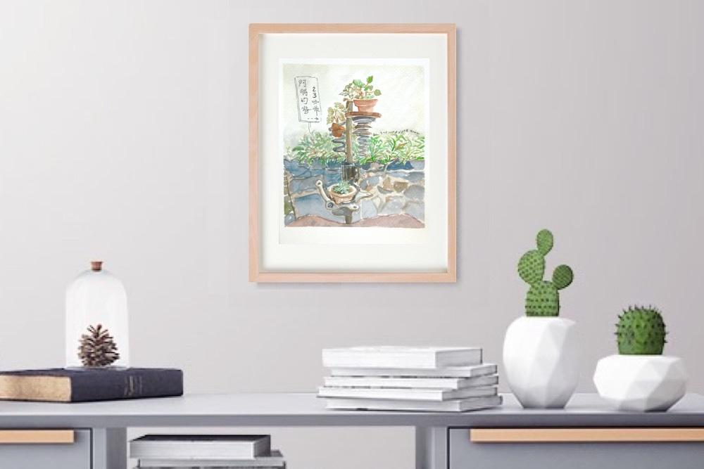 Taiwan Alishan cafe original watercolor painting of pots of plants  - botany zen art - whimsical travel art decor