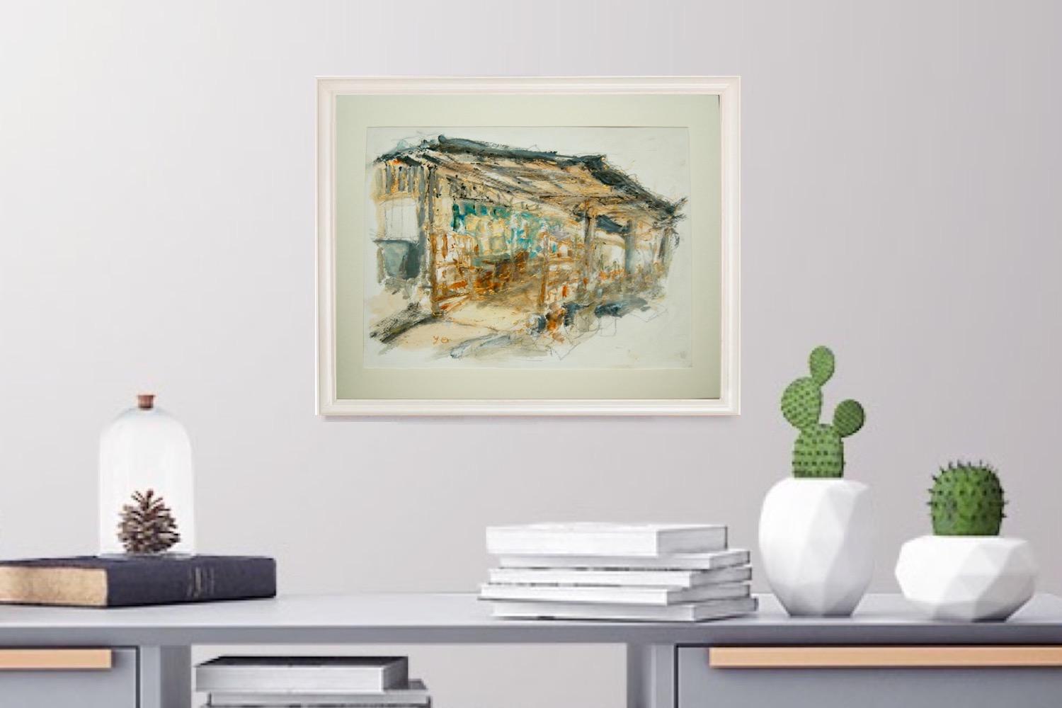 Singapore impressionist painting of kampong house plein air art at pulau ubin island village, malayan attap architecture in biege yellow