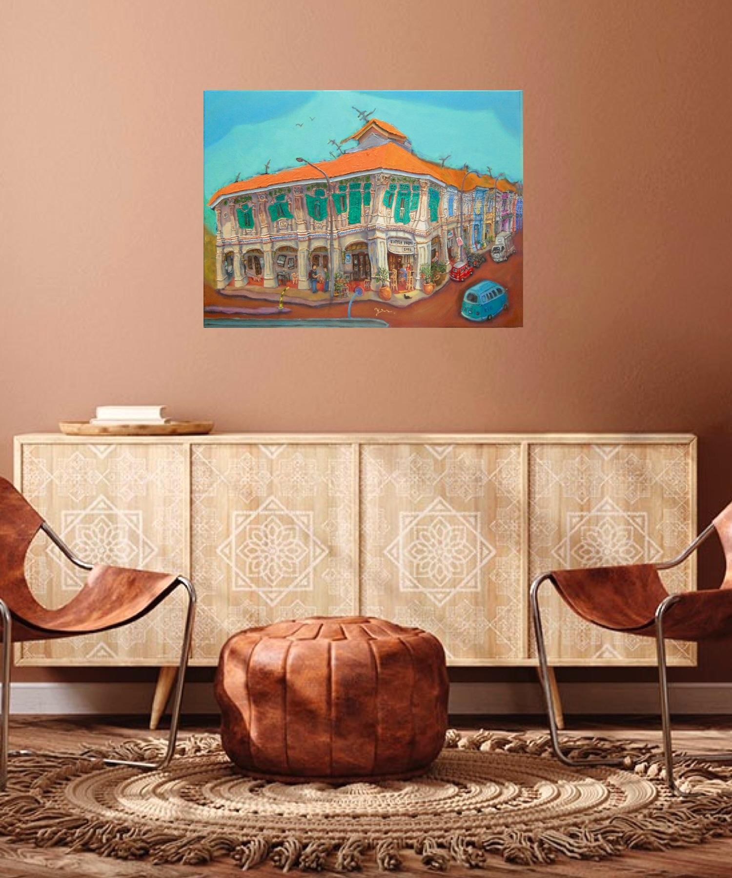 Singapore Shophouses Oil Painting by Local Artist: Blair Road Heritage Street Art of Charming Cafe Corner