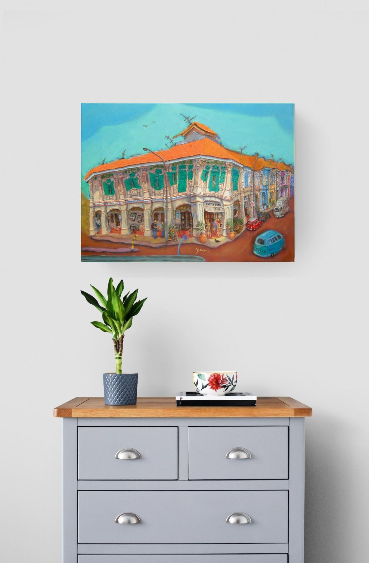 Singapore Shophouses Oil Painting by Local Artist: Blair Road Heritage Street Art of Charming Cafe Corner