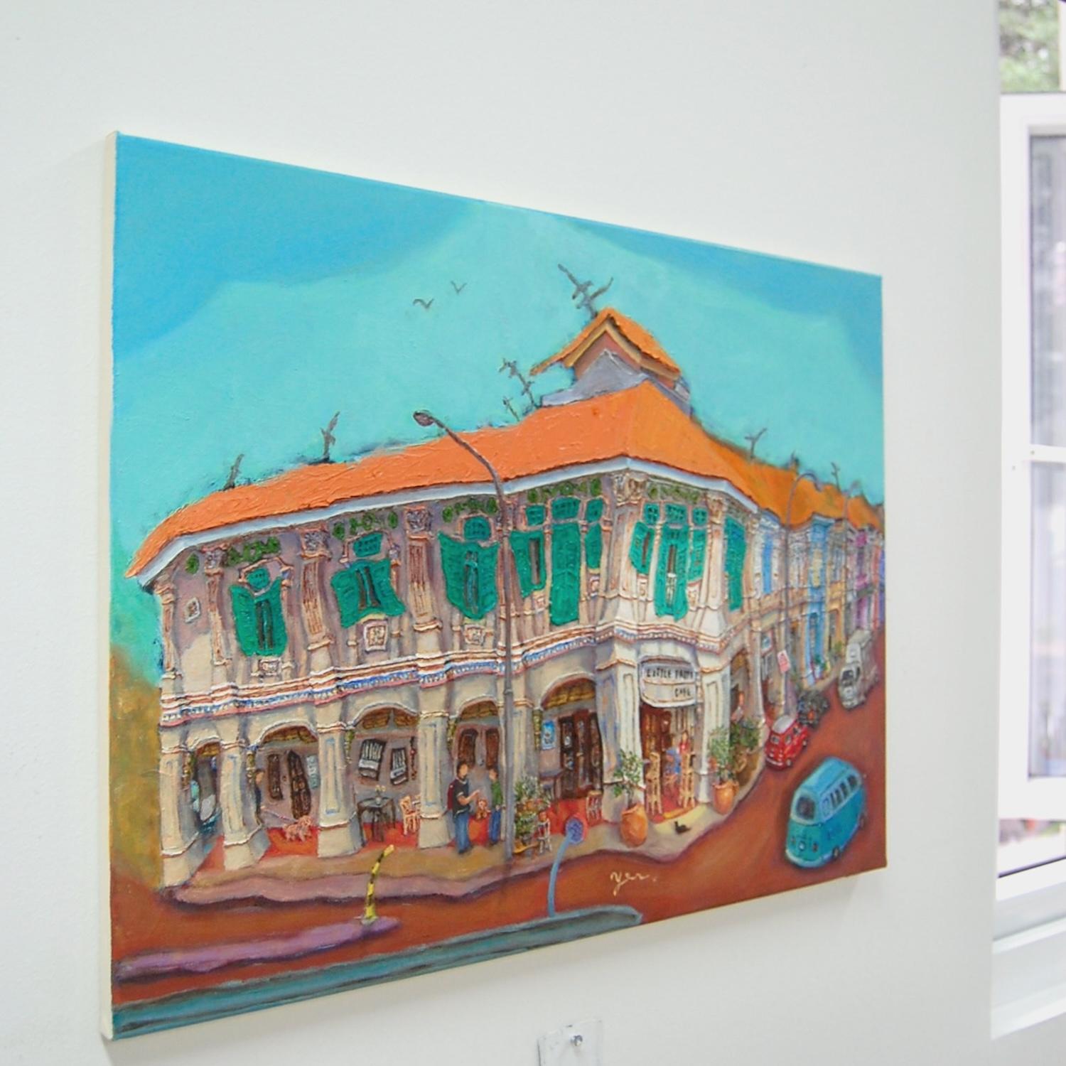 Singapore Shophouses Oil Painting by Local Artist: Blair Road Heritage Street Art of Charming Cafe Corner