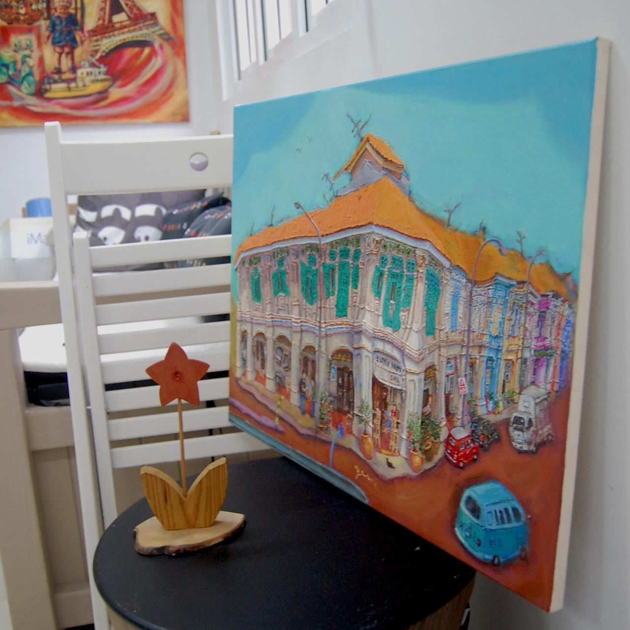 Singapore Shophouses Oil Painting by Local Artist: Blair Road Heritage Street Art of Charming Cafe Corner