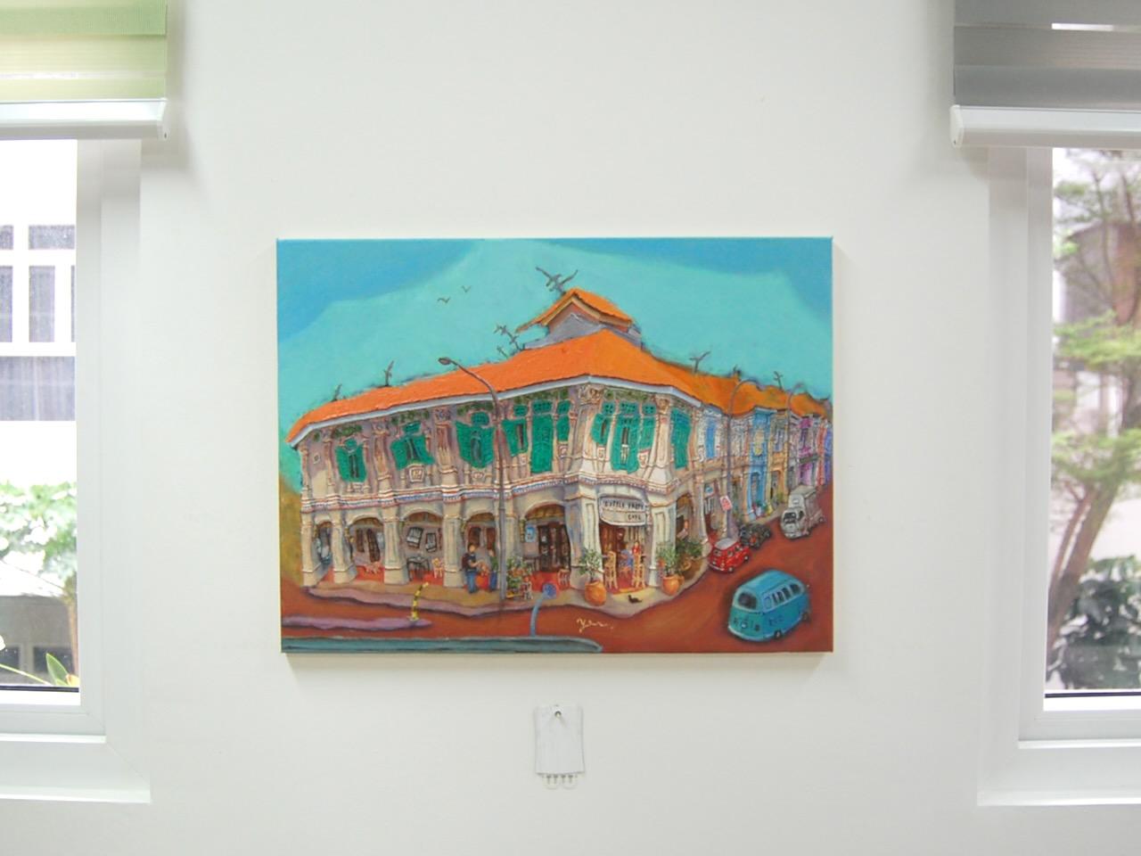 Singapore Shophouses Oil Painting by Local Artist: Blair Road Heritage Street Art of Charming Cafe Corner