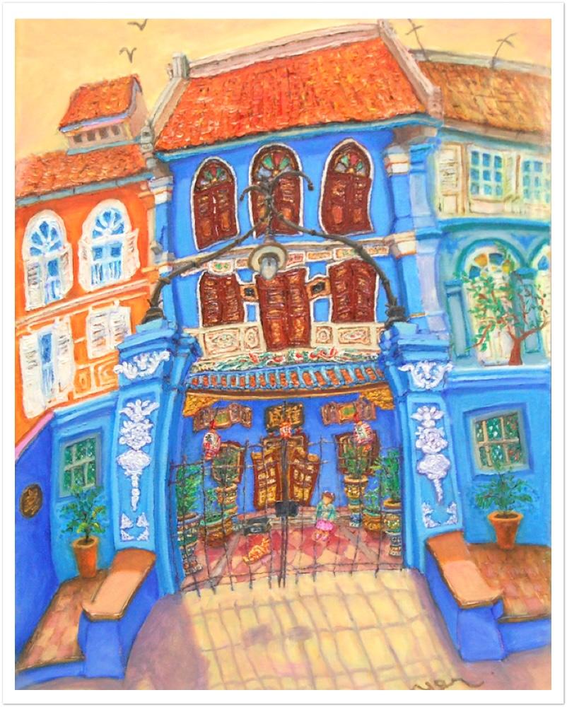 Singapore Art Print of NUS Blue Baba House Painting, Peranakan Gift, Asia Travel Poster Souvenir
