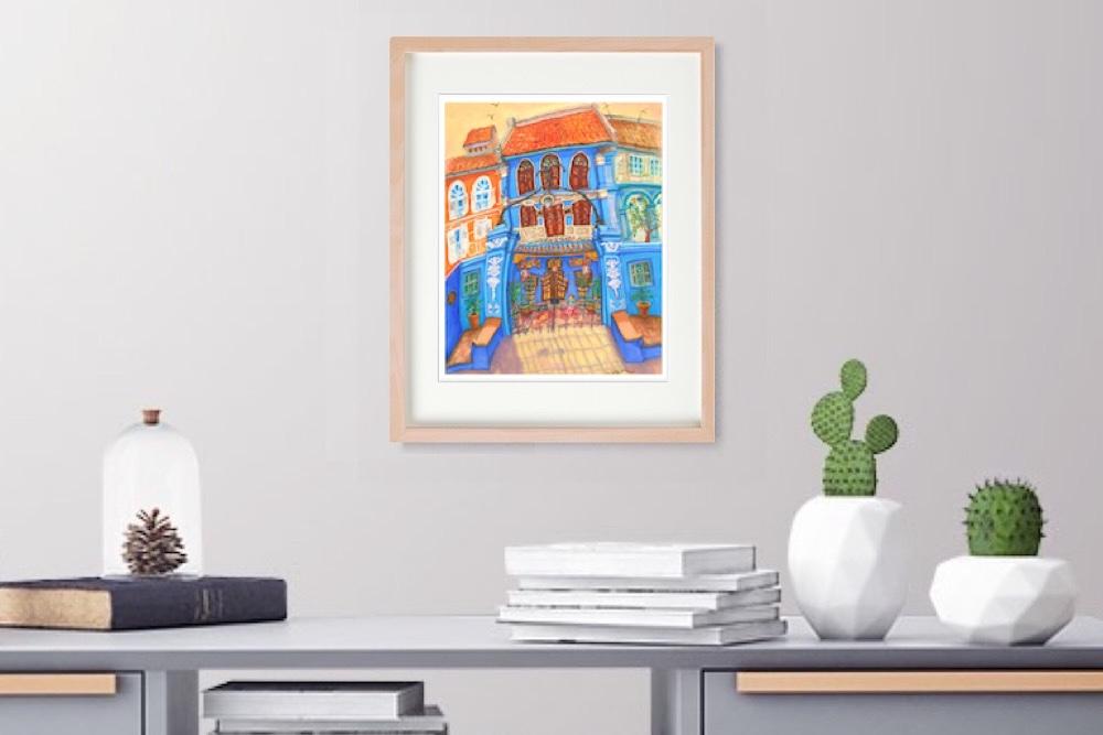 Singapore Art Print of NUS Blue Baba House Painting, Peranakan Gift, Asia Travel Poster Souvenir
