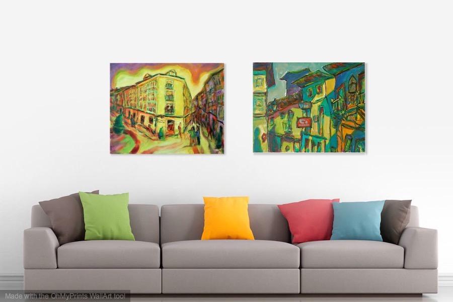 Rhapsody - Original Spanish Oil Painting Art of Burgos, a Camino de Santiago surreal spain landscape in yellow whimsical edvard munch style