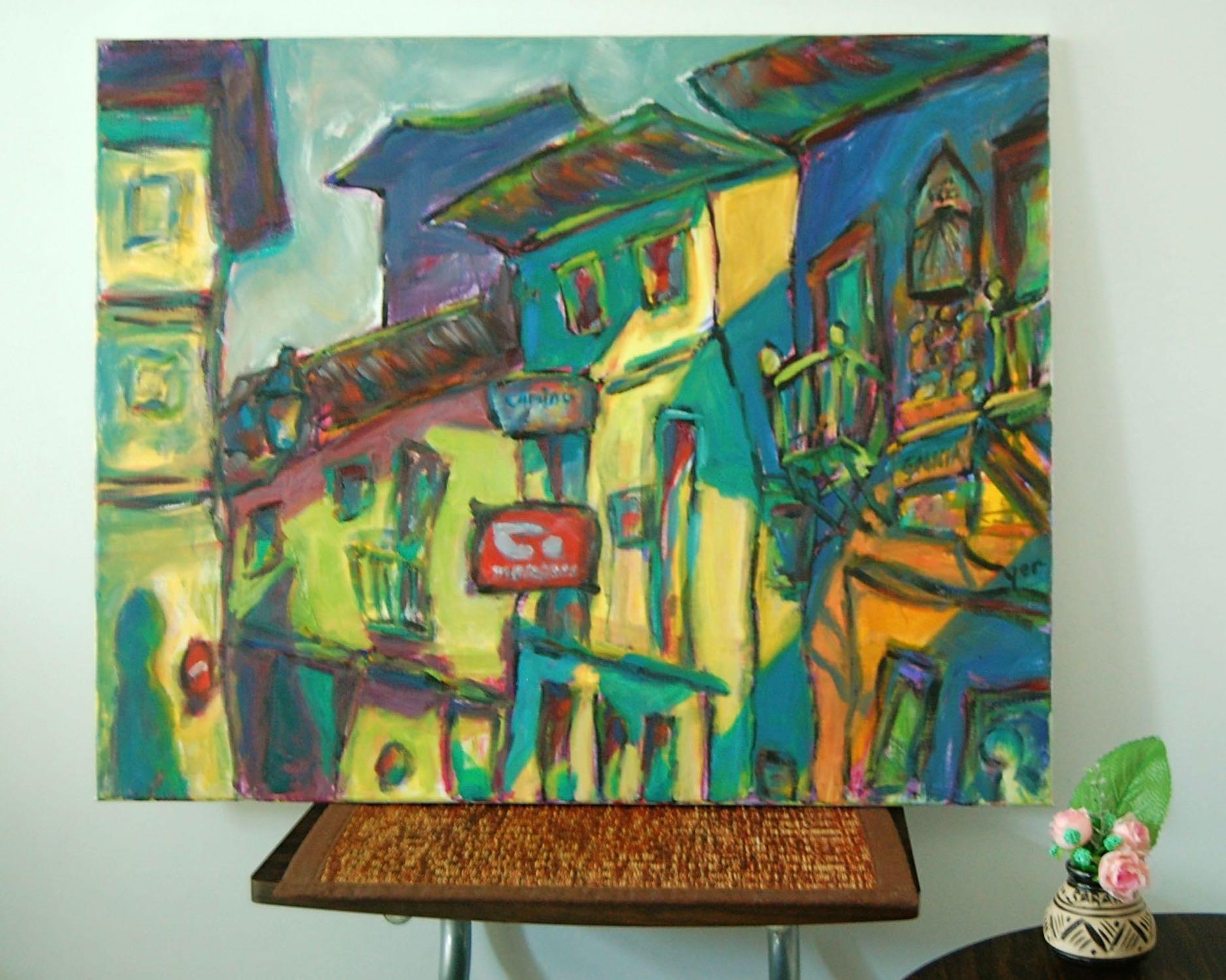 Bluesy -Camino de Santiago Oil Painting of Spanish Shophouses, original impressionist spain art in yellow surreal whimsical expressionism