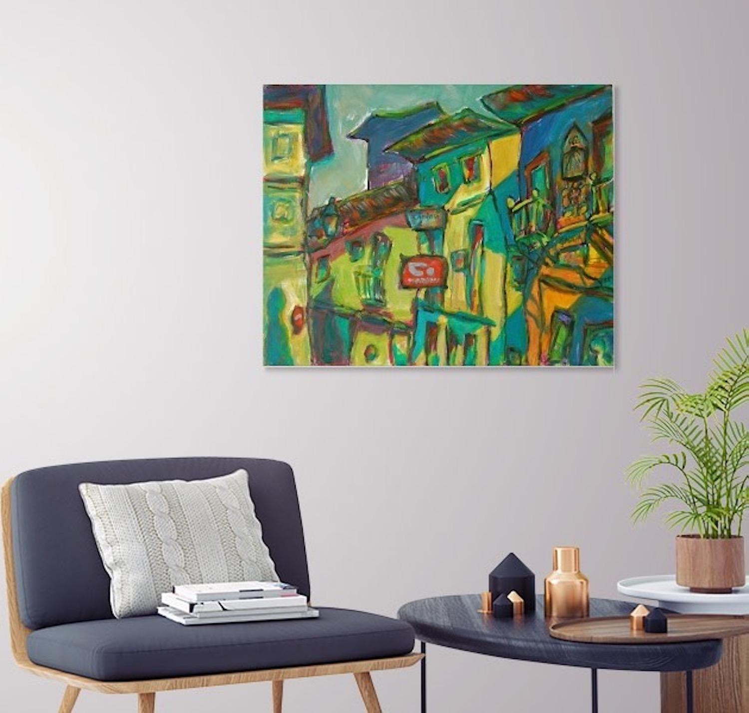 Bluesy -Camino de Santiago Oil Painting of Spanish Shophouses, original impressionist spain art in yellow surreal whimsical expressionism