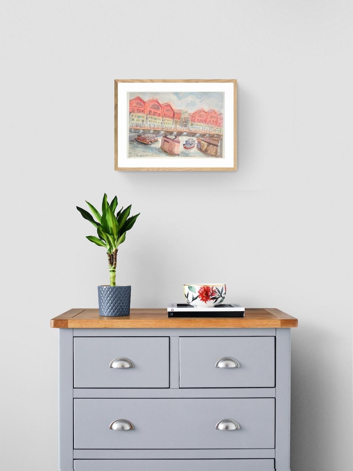 Singapore landscape watercolor painting - Boat Quay Riverside Point - original artwork - boats bridge scenery - whimsical impressionist art