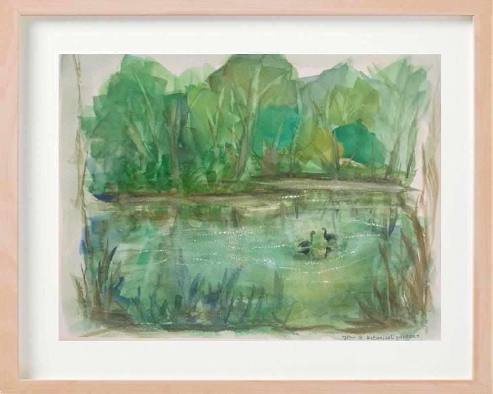 Singapore Botanical Gardens art print - watercolor painting landscape fine art, green trees, swan lake, plein air, impressionist, whimsical