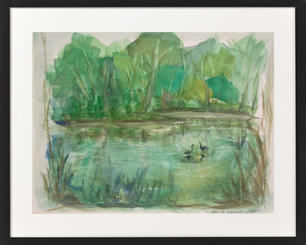 Singapore Botanical Gardens art print - watercolor painting landscape fine art, green trees, swan lake, plein air, impressionist, whimsical