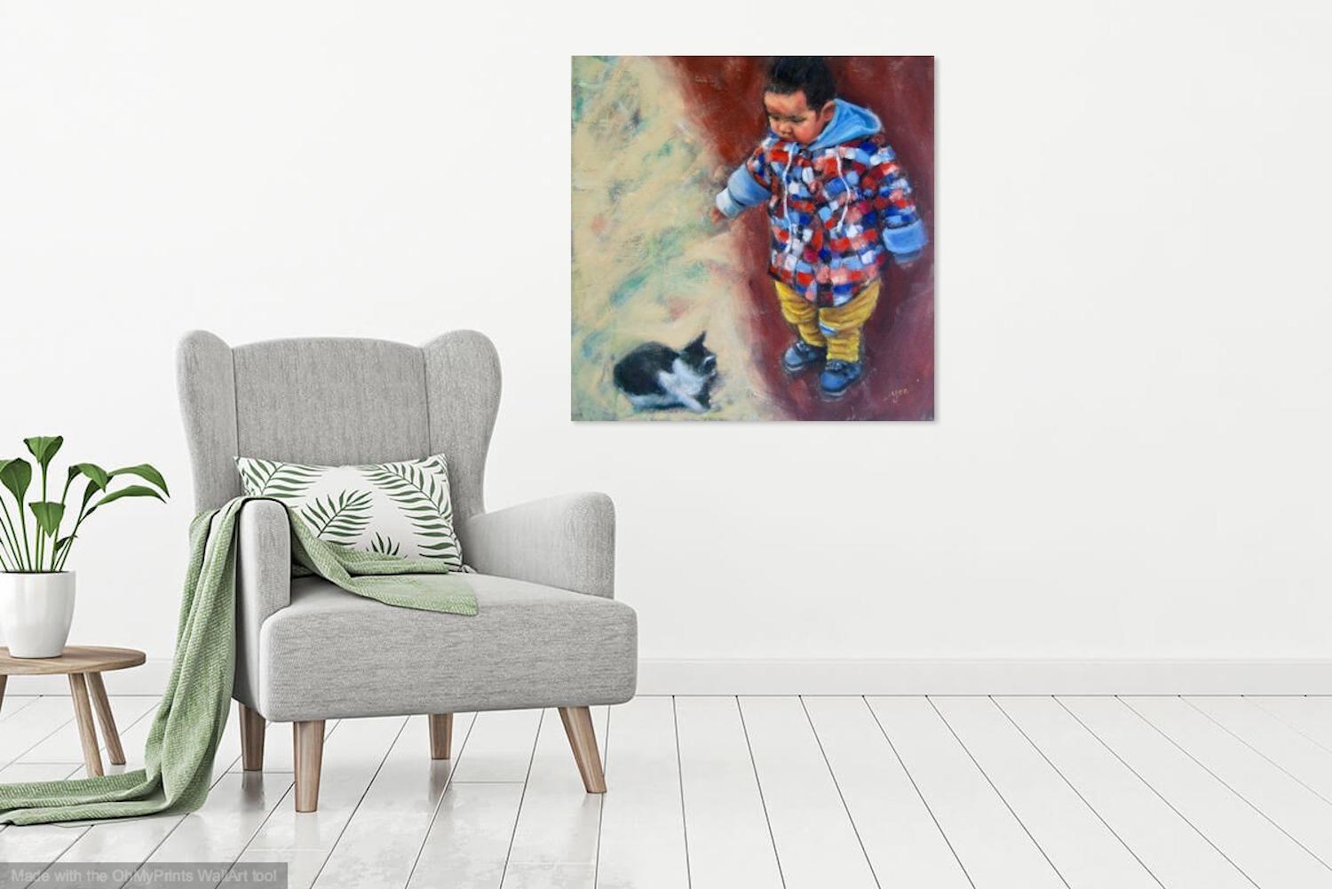 Boy & Cat - Whimsical Impressionist Child Figurative Painting,  original oil artwork of innocence and curiosity by Singapore artist