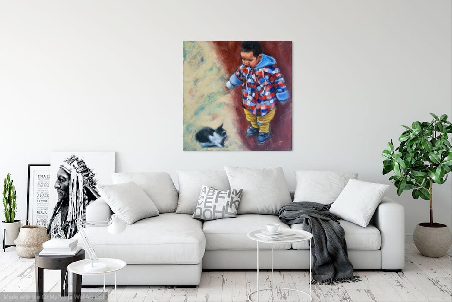 Boy & Cat - Whimsical Impressionist Child Figurative Painting, original oil artwork of innocence and curiosity by Singapore artist
