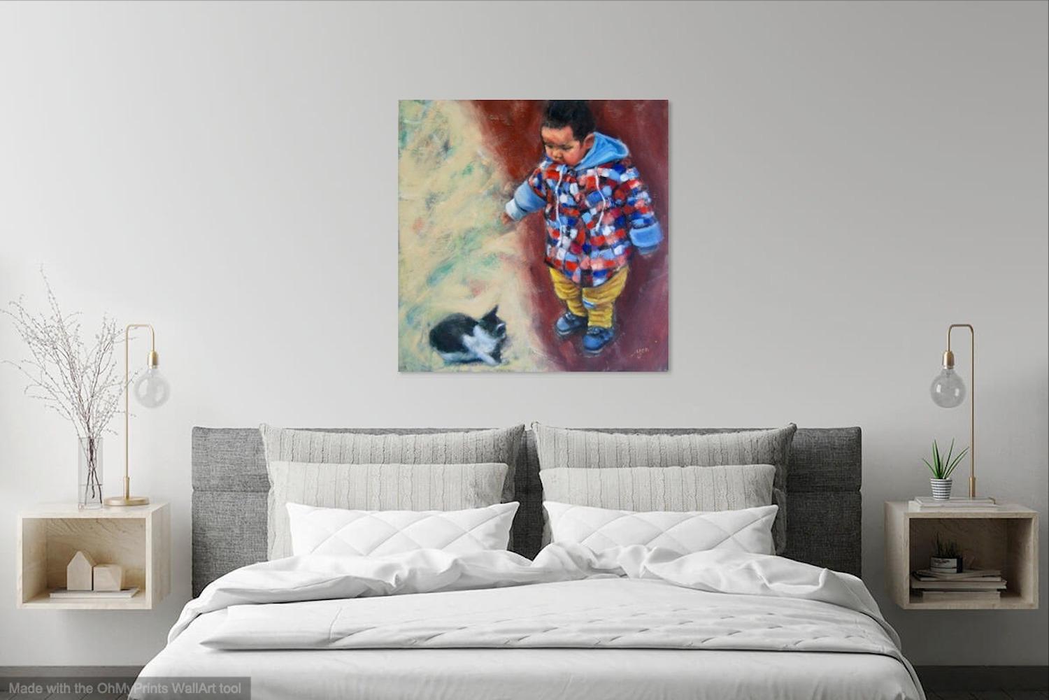 Boy & Cat - Whimsical Impressionist Child Figurative Painting, original oil artwork of innocence and curiosity by Singapore artist