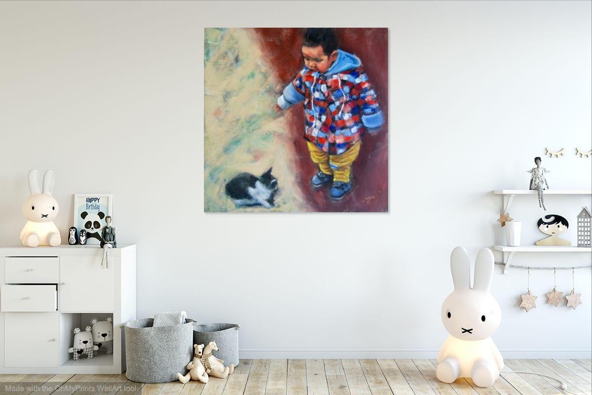 Boy & Cat - Whimsical Impressionist Child Figurative Painting,  original oil artwork of innocence and curiosity by Singapore artist