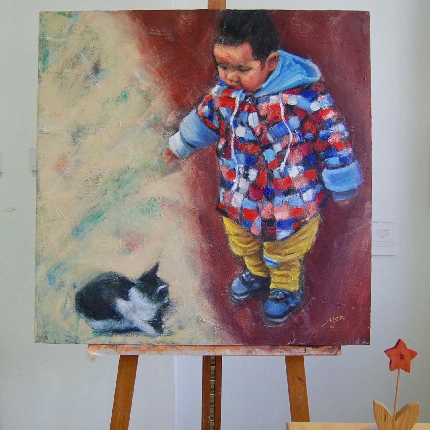 Boy & Cat - Whimsical Impressionist Child Figurative Painting,  original oil artwork of innocence and curiosity by Singapore artist