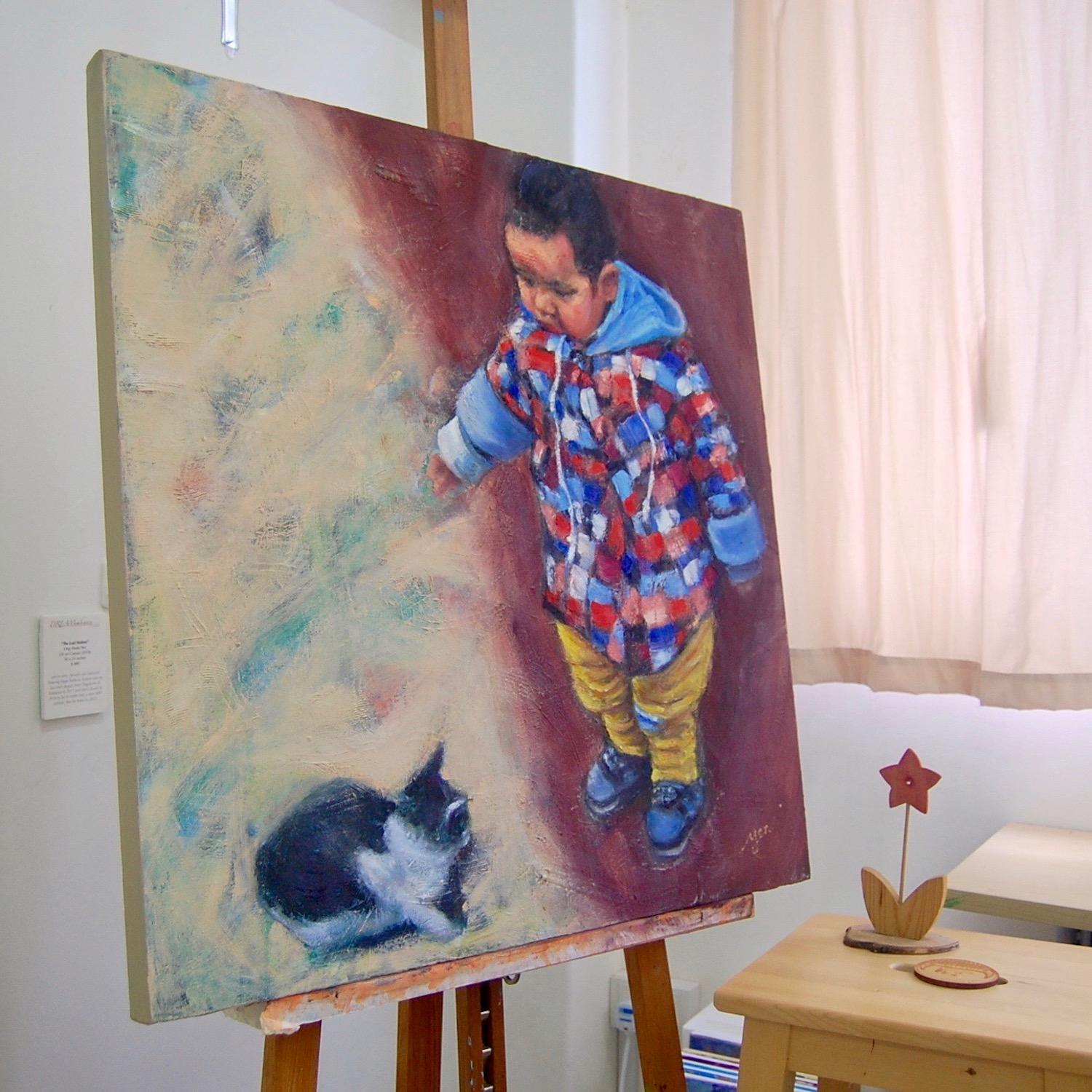 Boy & Cat - Whimsical Impressionist Child Figurative Painting, original oil artwork of innocence and curiosity by Singapore artist