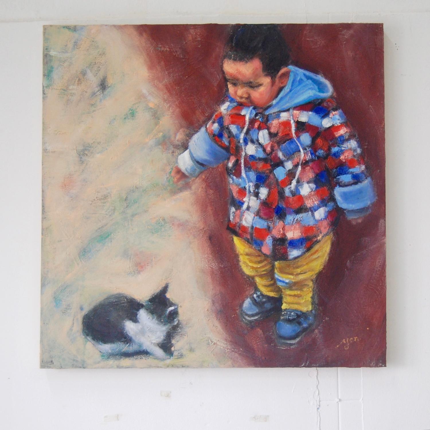 Boy & Cat - Whimsical Impressionist Child Figurative Painting, original oil artwork of innocence and curiosity by Singapore artist