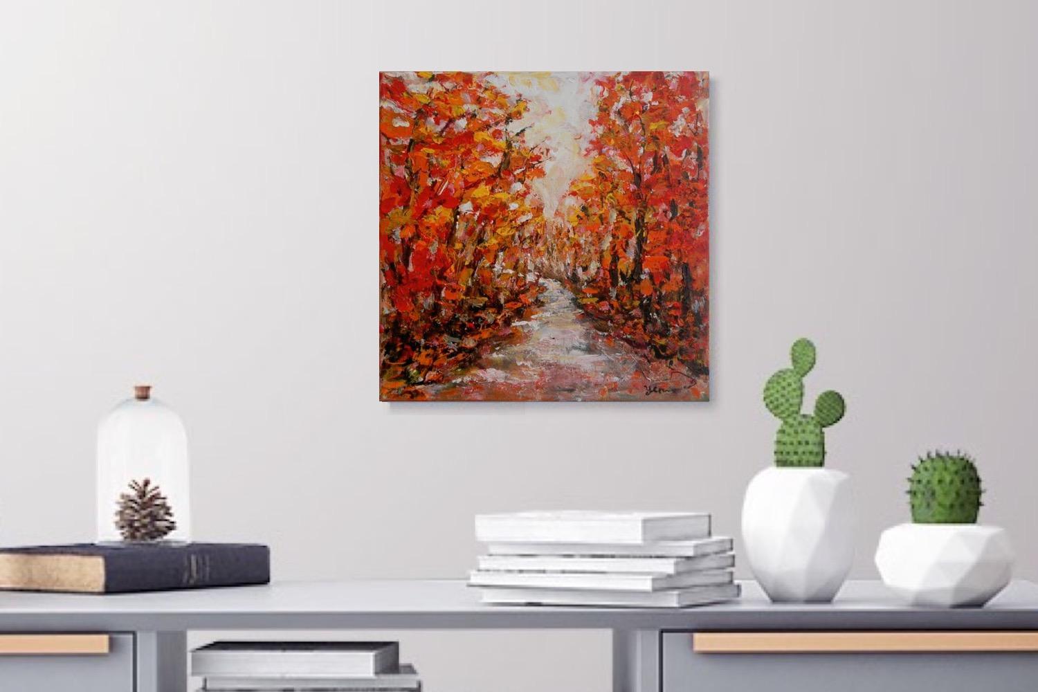 Brilliance - Autumn Trees Original Acrylic Painting Art, Forest Nature, Landscape Fine Art, Bright, Red, Orange, Path, Impasto, Abstract Art