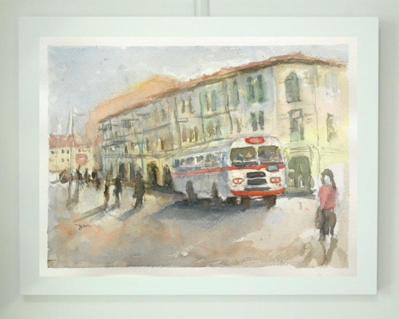 Old Singapore vintage bus original watercolour painting art with dreamy nostalgic street landscape of shophouses in warm impressionist hues